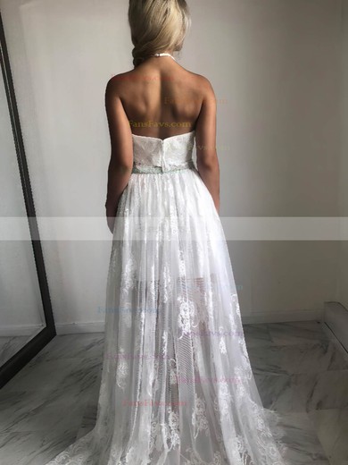 A-line Halter Lace Tulle Asymmetrical Short Prom Dresses With Beading #Favs020020110548