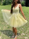 A-line V-neck Tulle Lace Short/Mini Short Prom Dresses With Appliques Lace #Favs020020110364