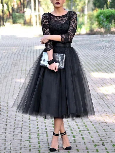 Princess Scoop Neck Lace Tulle Tea-length Sashes / Ribbons Short Prom Dresses #Favs020103255