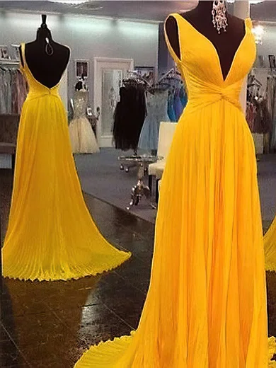 A-line V-neck Chiffon Sweep Train Ruffles Prom Dresses #Favs020104483