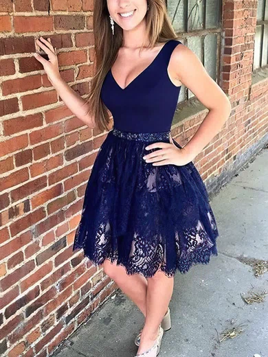 A-line V-neck Lace Short/Mini Beading Short Prom Dresses #Favs020020109401