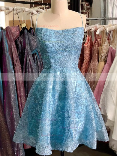 A-line Square Neckline Lace Tulle Knee-length Short Prom Dresses With Appliques Lace #Favs020020110178