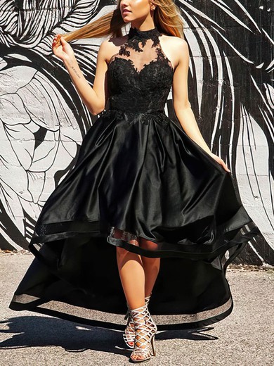 A-line High Neck Tulle Silk-like Satin Asymmetrical Short Prom Dresses With Lace #Favs020020111778