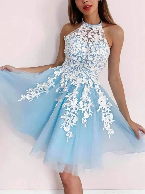 A-line Halter Lace Tulle Short/Mini Short Prom Dresses With Appliques Lace #Favs020020110181