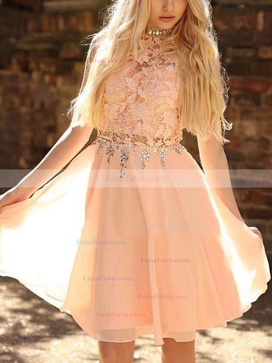 A-line High Neck Lace Chiffon Knee-length Beading Short Prom Dresses #Favs020020109406