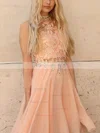 A-line High Neck Lace Chiffon Knee-length Beading Short Prom Dresses #Favs020020109406