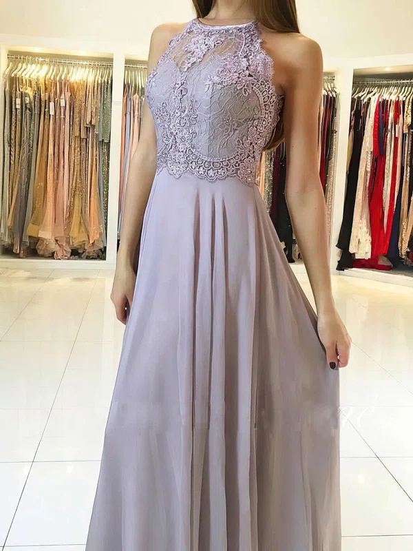 A-line Scoop Neck Chiffon Floor-length Lace Prom Dresses #Favs020104856