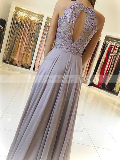 A-line Scoop Neck Chiffon Floor-length Lace Prom Dresses #Favs020104856