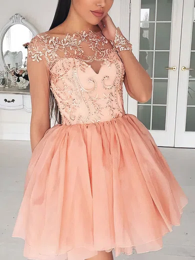 A-line Scoop Neck Chiffon Short/Mini Appliques Lace Short Prom Dresses #Favs020020109414