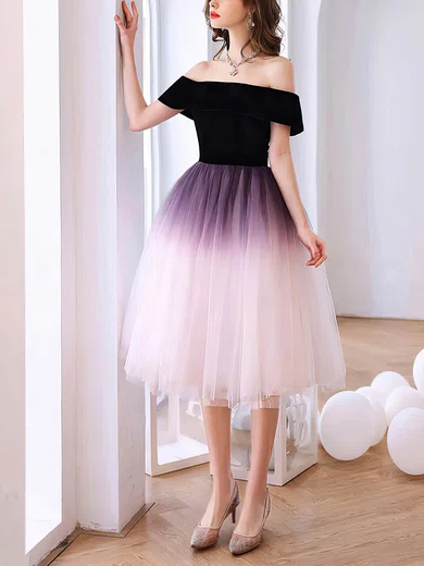 A-line Off-the-shoulder Tulle Tea-length Short Prom Dresses #Favs020020111051