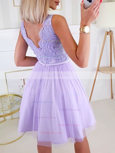 A-line V-neck Lace Tulle Short/Mini Appliques Lace Short Prom Dresses #Favs020020109416