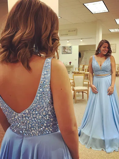 A-line V-neck Chiffon Floor-length Beading Prom Dresses #Favs020104967