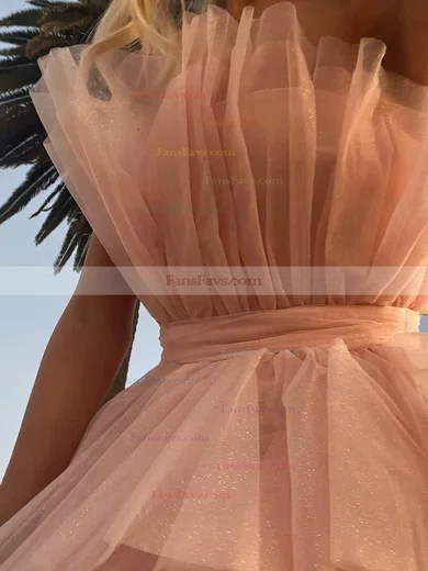 A-line Strapless Tulle Short/Mini Short Prom Dresses With Sashes / Ribbons #Favs020020110200