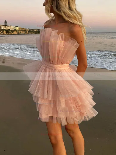 A-line Strapless Tulle Short/Mini Short Prom Dresses With Sashes / Ribbons #Favs020020110200