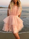 A-line Strapless Tulle Short/Mini Short Prom Dresses With Sashes / Ribbons #Favs020020110200