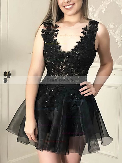 A-line V-neck Tulle Short/Mini Short Prom Dresses With Lace #Favs020020111061