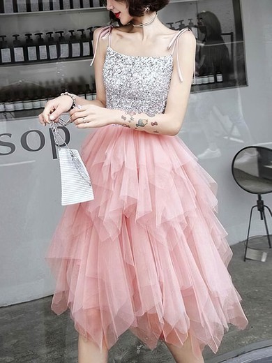 A-line Square Neckline Tulle Tea-length Sequins Short Prom Dresses #Favs020020109424