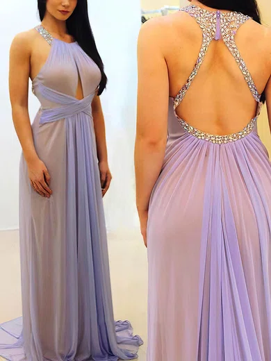 Sheath/Column Scoop Neck Chiffon Sweep Train Beading Prom Dresses #Favs020104995