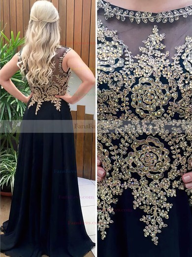 A-line Scoop Neck Chiffon Sweep Train Beading Prom Dresses #Favs020105012