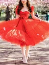 A-line Sweetheart Tulle Tea-length Short Prom Dresses With Sashes / Ribbons #Favs020020111803
