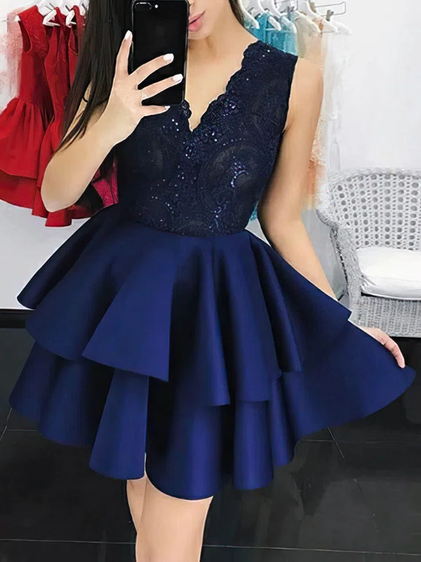 A-line V-neck Satin Short/Mini Appliques Lace Short Prom Dresses #Favs020020109430