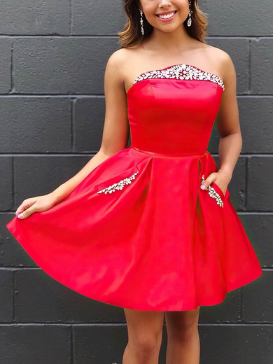 A-line Strapless Satin Short/Mini Short Prom Dresses With Appliques Lace #Favs020020110211