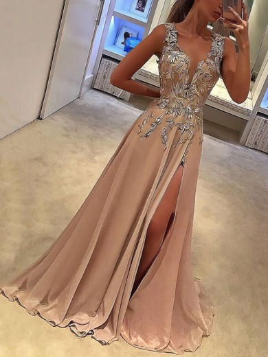 A-line V-neck Silk-like Satin Sweep Train Appliques Lace Prom Dresses #Favs020105179