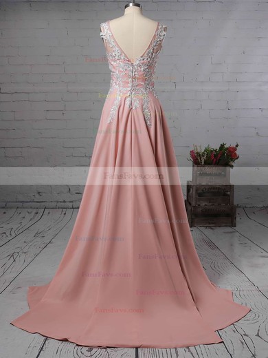 A-line V-neck Silk-like Satin Sweep Train Appliques Lace Prom Dresses #Favs020105179
