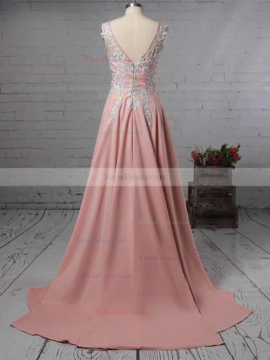 A-line V-neck Silk-like Satin Sweep Train Appliques Lace Prom Dresses #Favs020105179
