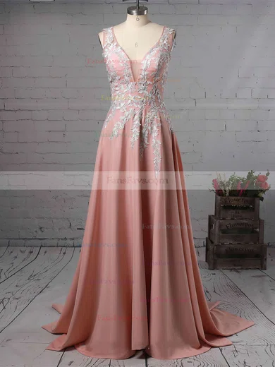 A-line V-neck Silk-like Satin Sweep Train Appliques Lace Prom Dresses #Favs020105179