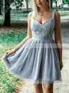 A-line V-neck Tulle Short/Mini Short Prom Dresses With Appliques Lace #Favs020020110216