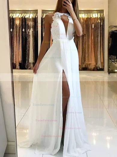 A-line Scoop Neck Chiffon Sweep Train Appliques Lace Prom Dresses #Favs020105184