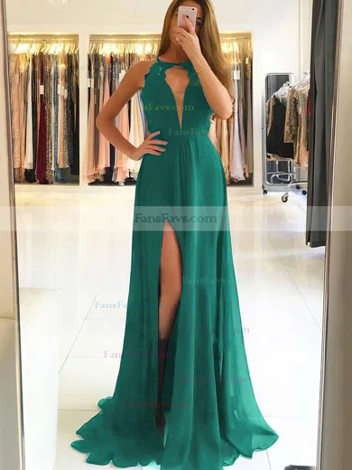 A-line Scoop Neck Chiffon Sweep Train Appliques Lace Prom Dresses #Favs020105184