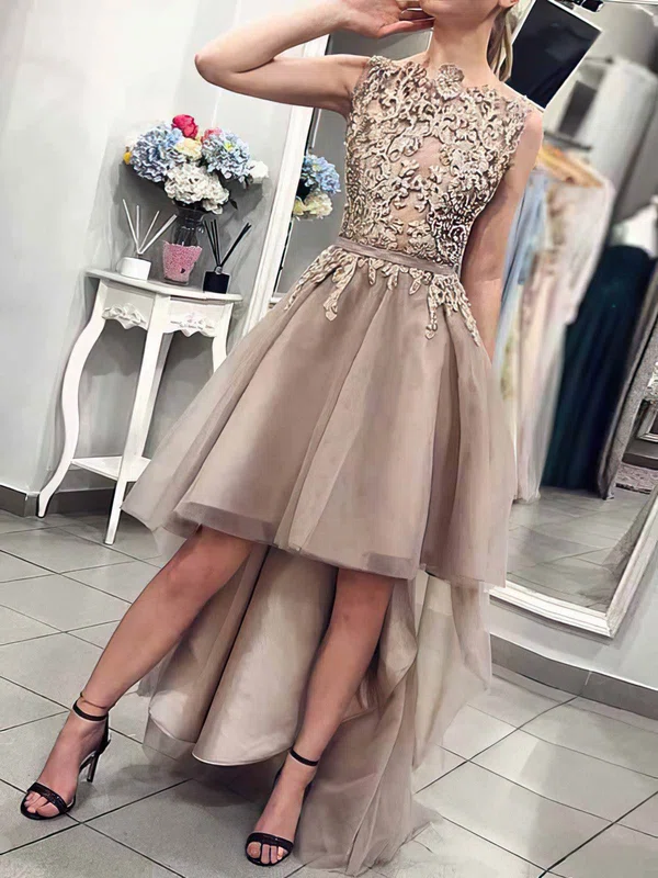 A-line Scoop Neck Lace Tulle Asymmetrical Short Prom Dresses With Appliques Lace #Favs020020110219