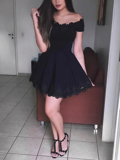 A-line Off-the-shoulder Stretch Crepe Short/Mini Appliques Lace Short Prom Dresses #Favs020020109442