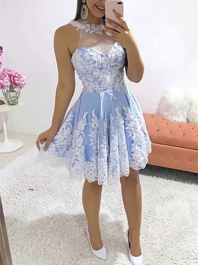 A-line Scoop Neck Tulle Knee-length Short Prom Dresses With Lace #Favs020020111083