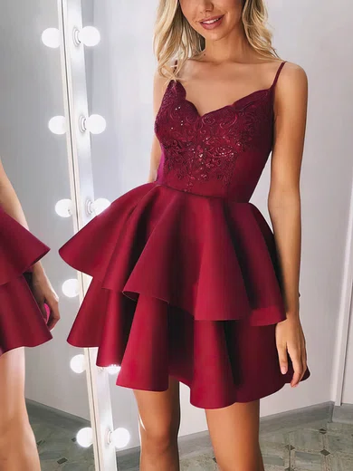 A-line V-neck Satin Short/Mini Appliques Lace Short Prom Dresses #Favs020020109446