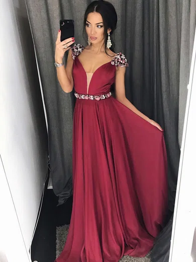 A-line V-neck Chiffon Sweep Train Beading Prom Dresses #Favs020105239