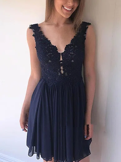 A-line V-neck Chiffon Short/Mini Beading Short Prom Dresses #Favs020020109447