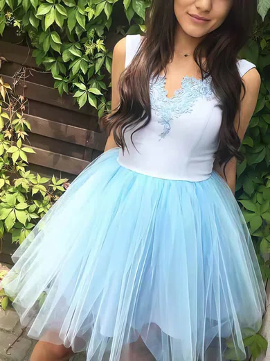 A-line V-neck Lace Tulle Short/Mini Short Prom Dresses With Appliques Lace #Favs020020110227