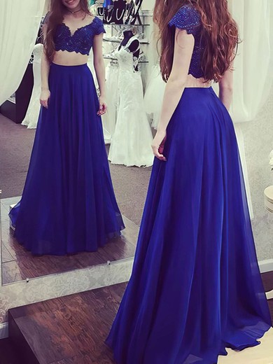 A-line V-neck Chiffon Floor-length Lace Prom Dresses #Favs020105263