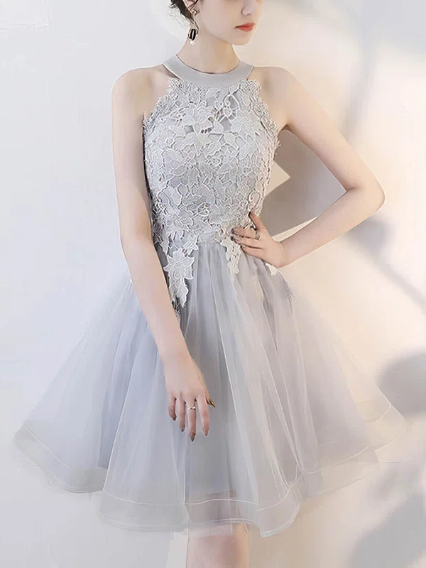 A-line Scoop Neck Tulle Short/Mini Lace Short Prom Dresses #Favs020020109450