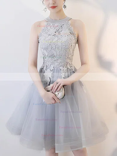 A-line Scoop Neck Tulle Short/Mini Lace Short Prom Dresses #Favs020020109450