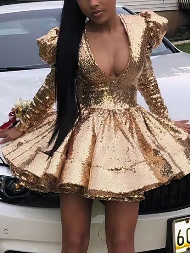 A-line V-neck Sequined Short/Mini Short Prom Dresses #Favs020020111089