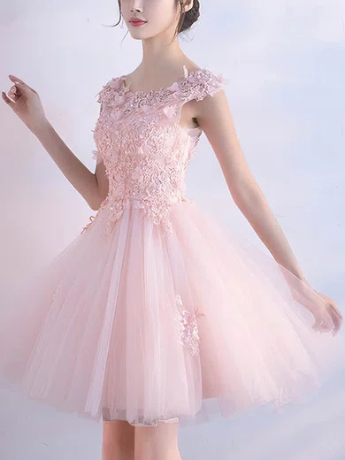 A-line Scoop Neck Tulle Short/Mini Beading Short Prom Dresses #Favs020020109452