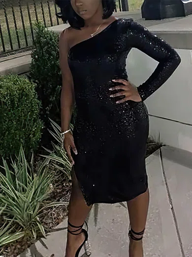 Sheath/Column One Shoulder Sequined Tea-length Short Prom Dresses #Favs020020111091