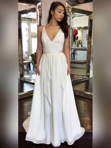 A-line V-neck Chiffon Sweep Train Sashes / Ribbons Prom Dresses #Favs020105276