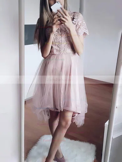 A-line V-neck Lace Tulle Asymmetrical Short Prom Dresses With Appliques Lace #Favs020020110233
