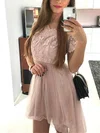 A-line V-neck Lace Tulle Asymmetrical Short Prom Dresses With Appliques Lace #Favs020020110233