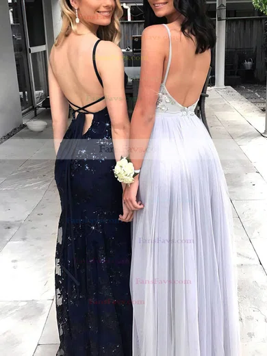 A-line V-neck Tulle Floor-length Sequins Prom Dresses #Favs020105288